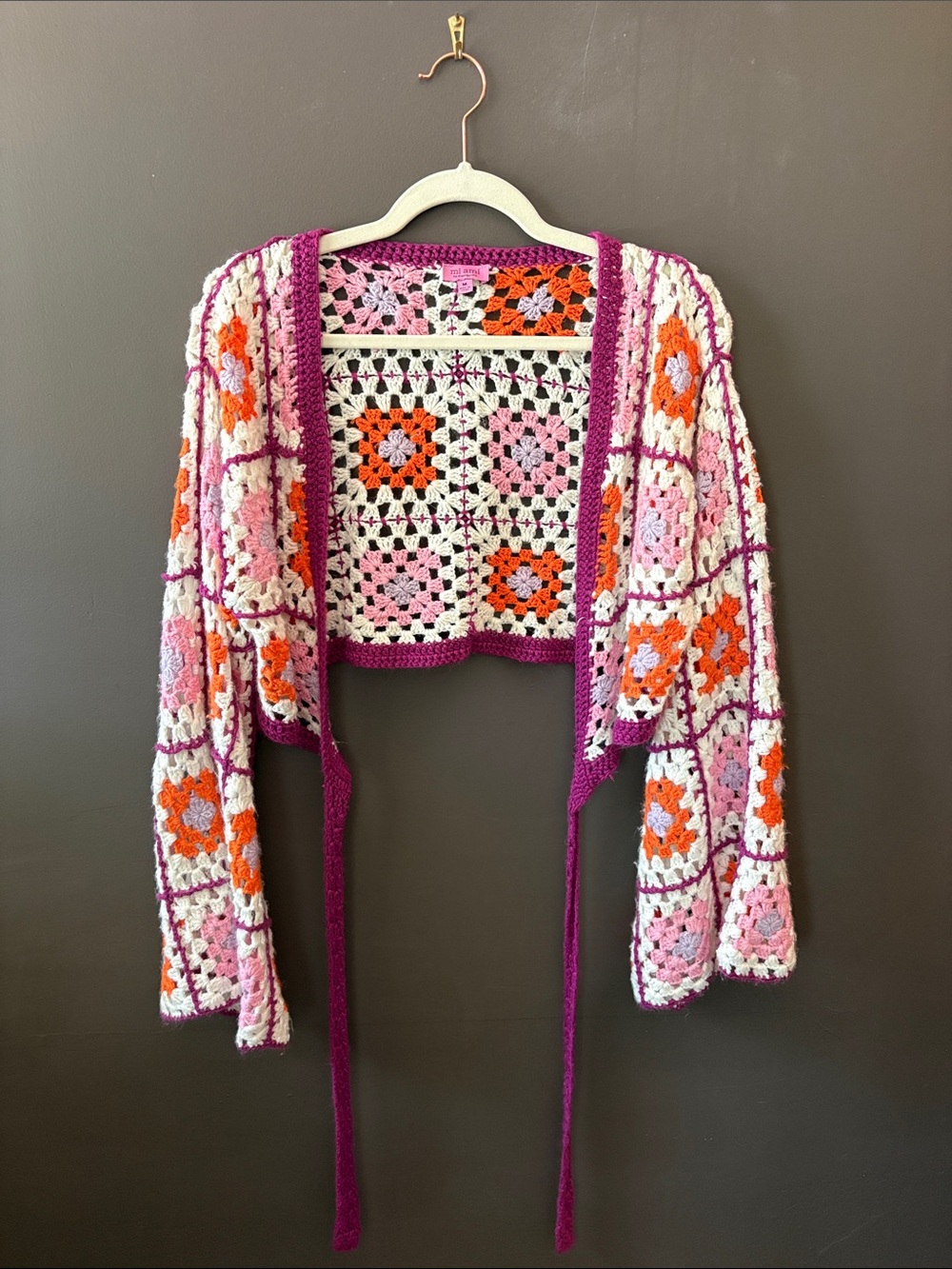 miami Crochet Granny-Square Tie-Front Cardigan - Pink, Orange & Cream